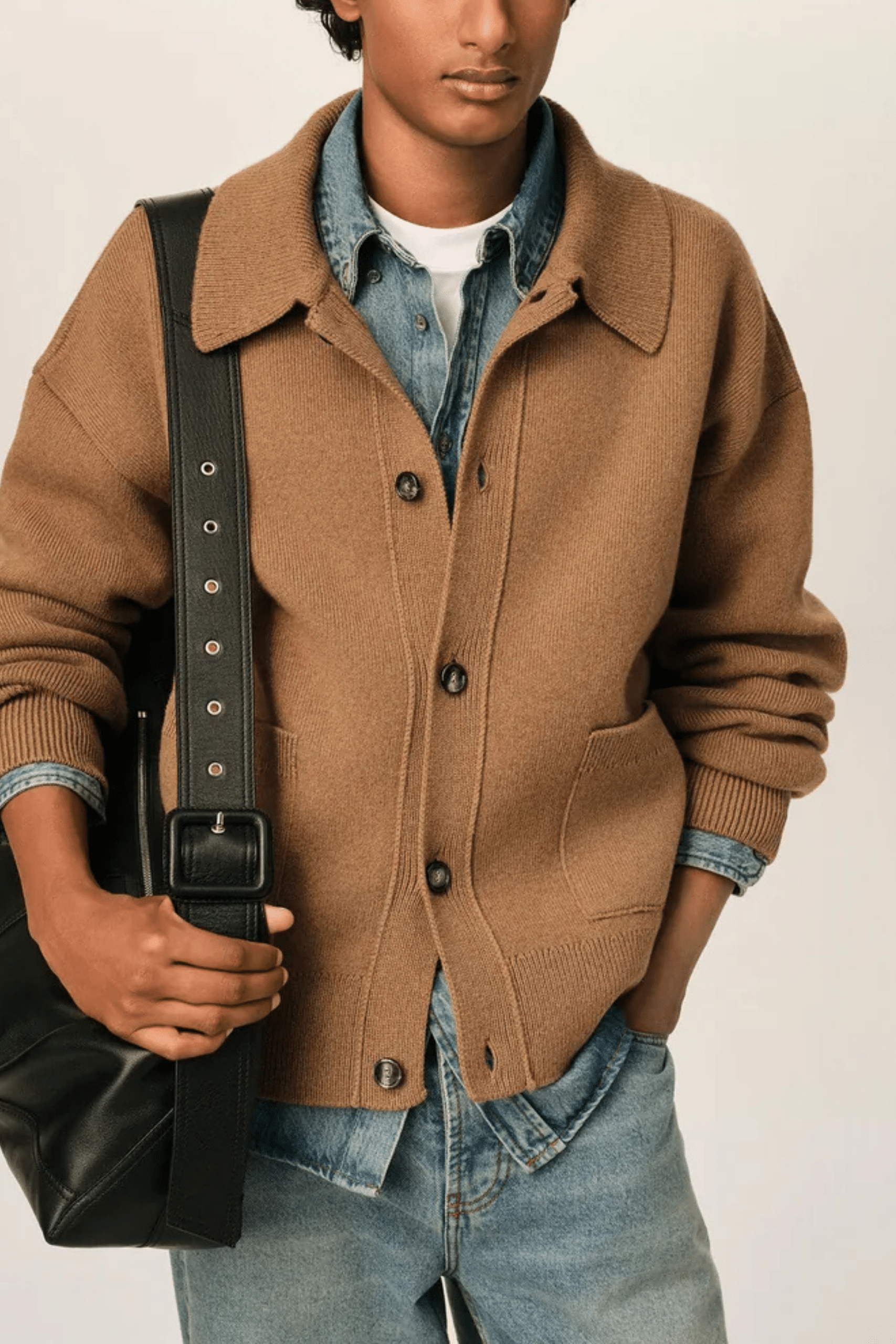 Cardigan Col Chemise Laine Camel