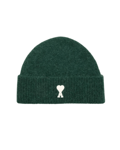 Bonnet Alpaga Vert Bouteille Cœur Écru