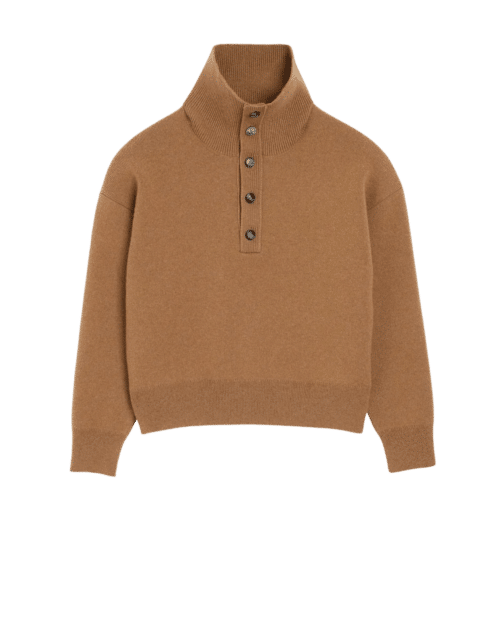 Pull Col Montant Boutonné Laine Camel