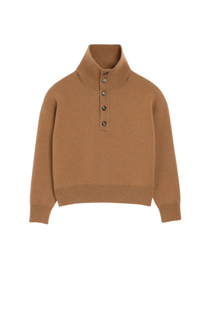 Pull Col Montant Boutonné Laine Camel