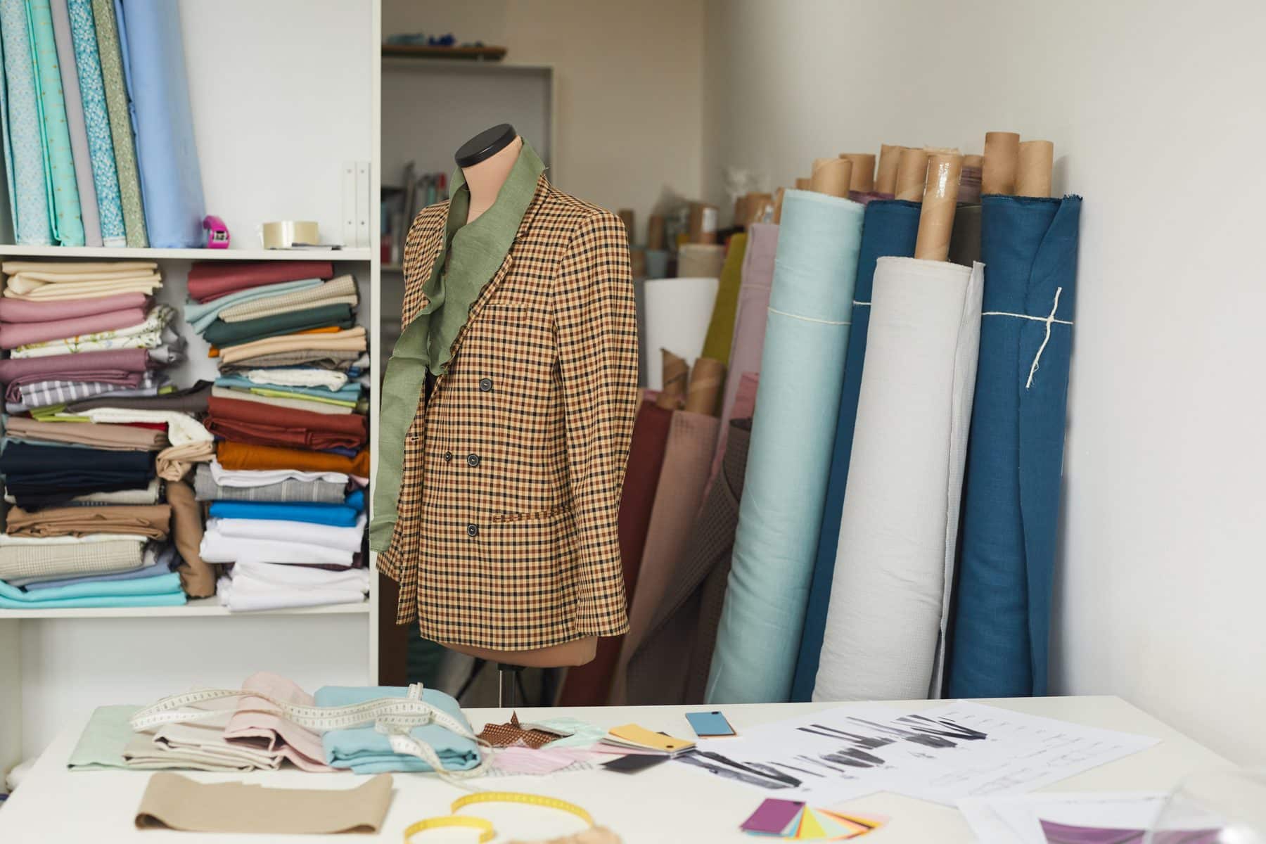 Veste croisée à carreaux sur mannequin de tailleur, entourée de liasses et de rouleaux de tissu