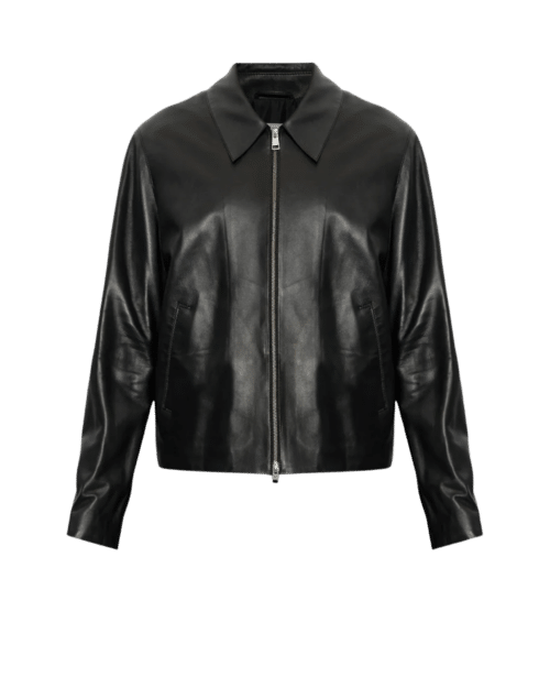 Veste Zippée Cuir d'Agneau Lisse Noir
